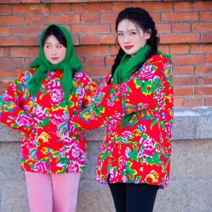 Internet celebrities Northeast flower padded jacket men and women with the same 2025 winter warm slim jacket Guochao ethnic style