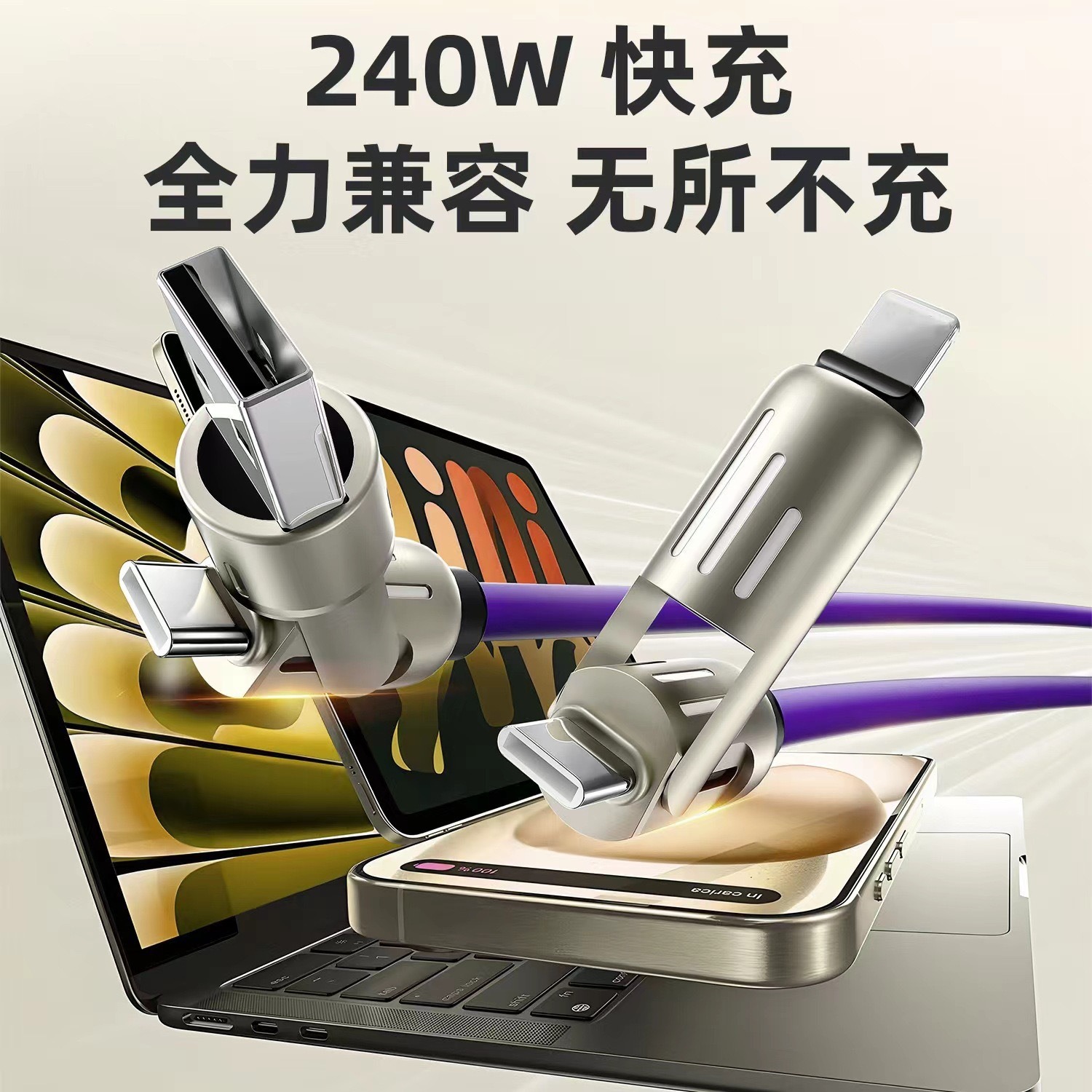 240W colorful breathing light four-in-one super fast charging data cable, suitable for Apple Android typec charging cable - Image 2